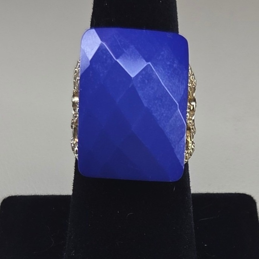 Statement Cobalt Blue Faceted Rectangular Cocktail Ring Gold Tone Size 8 0382